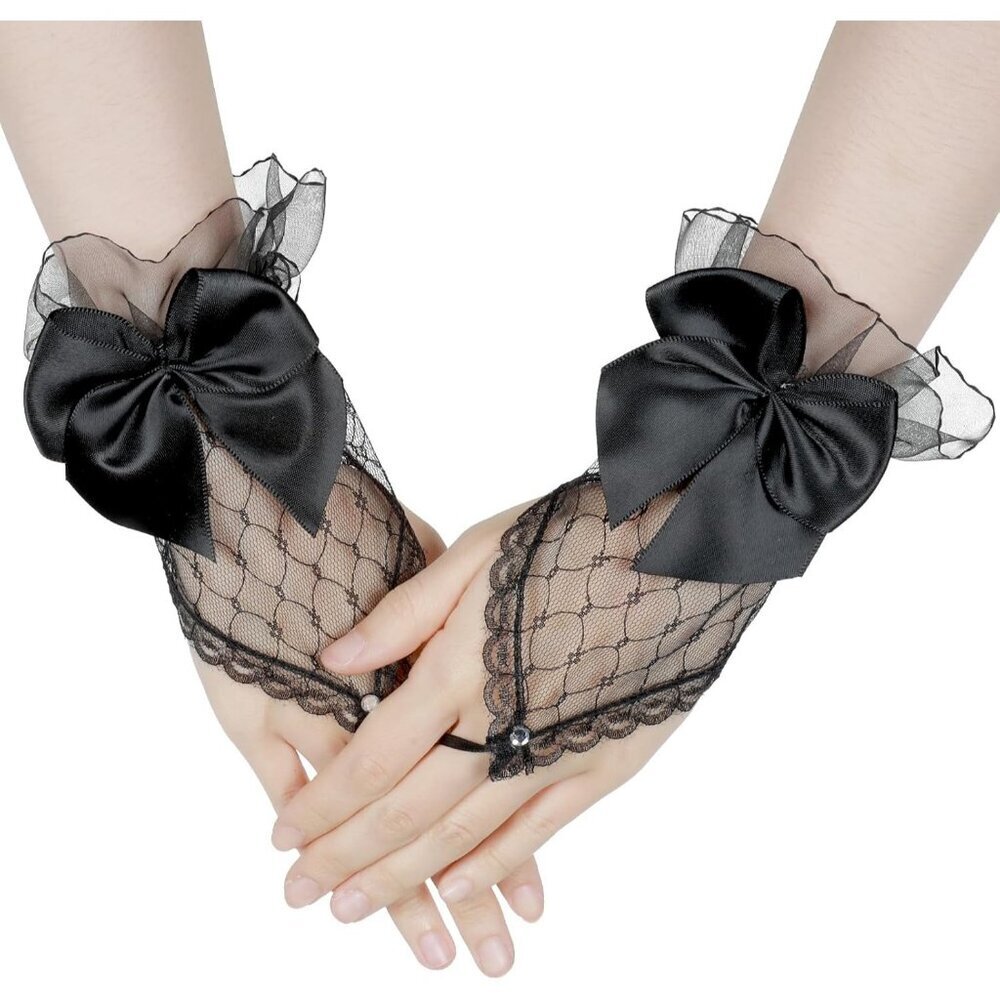 Women Short Bow Black Lace Gloves Fingerless Bride Wedding Cosplay Party Prom